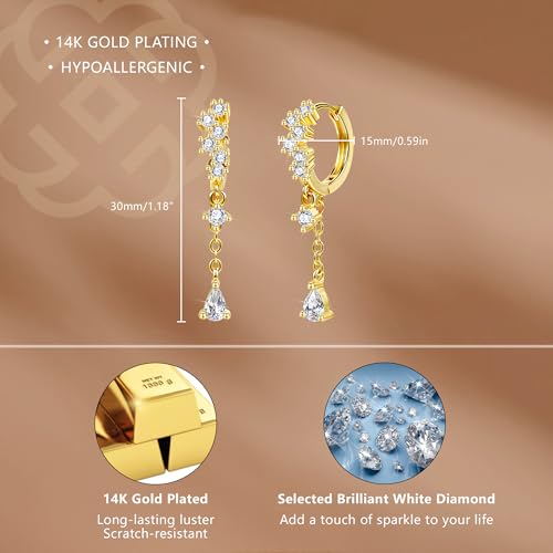 Silver CZ Dangle Earrings Hoop Leverback Drop Earrings Jewelry in Gifts Box | Hypoallergenic Elegant Cubic Zirconia Lightweight Drop Sliver /14k Gold Chain Drop Earring Jewelry for Women Daily Wear - color: Gold