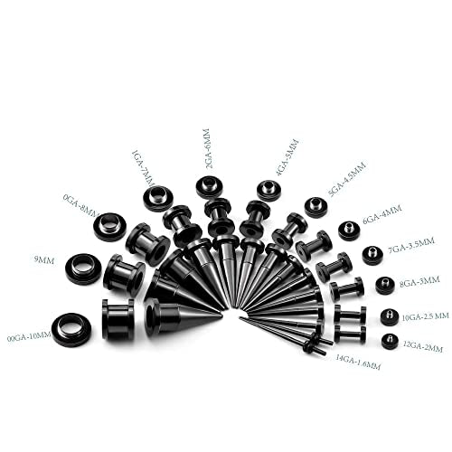 36PCS Ear Gauge Stretching Kit Stainless Steel Double Flare Alloy Tapers 3 In 1 Plugs Set Eyelet 14G-00G - color: (1.6-10mm)-Black-Screw Fit