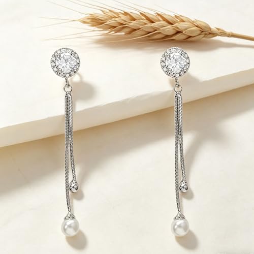 Long Tassel Pearl Drop Earrings, Silver-Tone CZ Crystal Earrings with Faux Pearl for Women, Elegant Korean Style