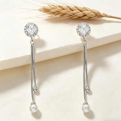 Long Tassel Pearl Drop Earrings, Silver-Tone CZ Crystal Earrings with Faux Pearl for Women, Elegant Korean Style