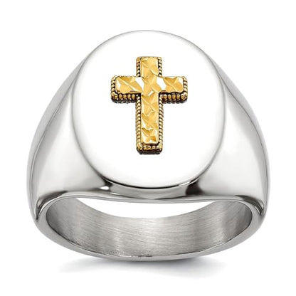 JewelryWeb 9mm Stainless Steel Polished With 14k Accent Sparkle-Cut Religious Faith Cross Oval Signet Ring Size 9 Ring for Women