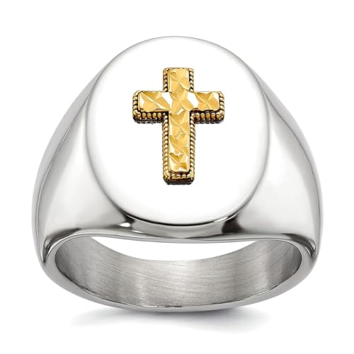 JewelryWeb 9mm Stainless Steel Polished With 14k Accent Sparkle-Cut Religious Faith Cross Oval Signet Ring Size 9 Ring for Women