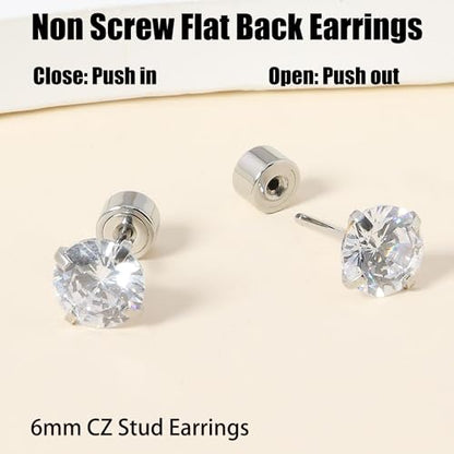 Threadless Flat Back Earrings, Hypoallergenic 14K Real Gold Plated CZ Stud Earrings | Cartilage Earring | Tragus Helix Piercing Jewelry | Push in Flatback Earrings for Women Men - color: Silver, size: 6 Millimeters