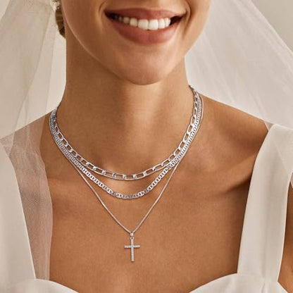 MFRYK Gold Necklaces for Women,14K Gold/Silver Plated Choker Layered Necklace Dainty Pearl Disc Cross Circle Heart Pendant Chain Stackable Necklaces, Multilayer Jewelry Set Gifts for Women - style: 3Layered Cz Cross-SL