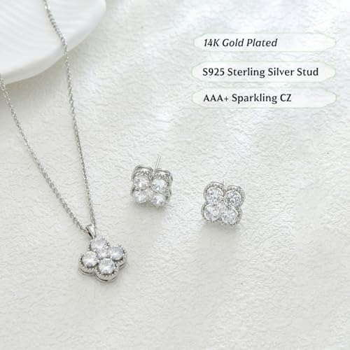 Clover Necklace and Stud Earrings Jewelry Set 14K Gold Plated Dainty Four Leaf Lucky Choker Charm Necklace Clover S925 Sterling Silver Stud with Gift Box Birthday Gifts for Women ﻿ - color: Silver