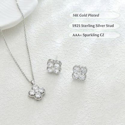 Clover Necklace and Stud Earrings Jewelry Set 14K Gold Plated Dainty Four Leaf Lucky Choker Charm Necklace Clover S925 Sterling Silver Stud with Gift Box Birthday Gifts for Women ﻿ - color: Silver