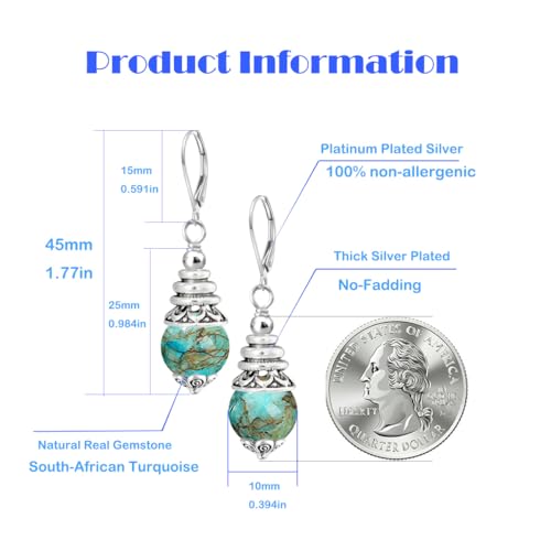 Natural 10mm Stone Beads Drop Earrings,Retro Silver Round Quartz Crystal Gemstone Beads Dangle Earrings for Women - color: A13_South-African Turquoise