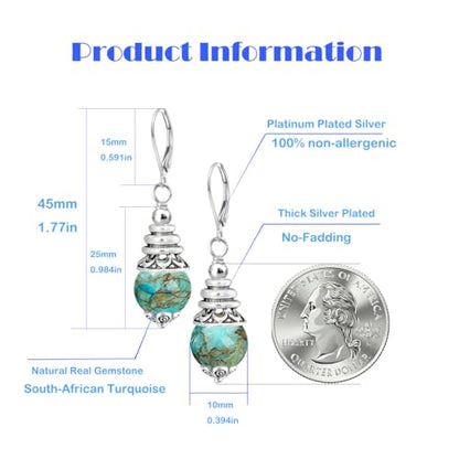Natural 10mm Stone Beads Drop Earrings,Retro Silver Round Quartz Crystal Gemstone Beads Dangle Earrings for Women - color: A13_South-African Turquoise