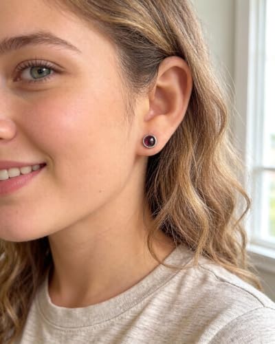 Garnet Earrings, 925 Sterling Silver Stud Earrings Hypoallergenic, January Birthstone Jewelry for Women