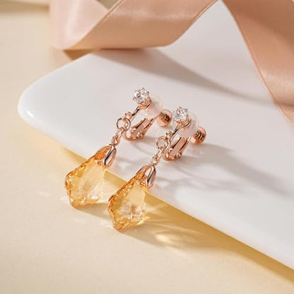 Austrian Crystal Baroque Drop Clip On Dangle Earrings for Women Non Pierced 14K Rose Gold Plated Hypoallergenic Jewelry - color: Topaz