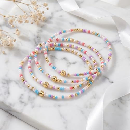 Seed Beaded Stack Bracelets Set for Women,Small Boho 4Pcs Colorful Handmade Dainty Trendy Gold Stretch Accessories Jewelry, Summer Daily Party Friendship Gift - color: Purple White