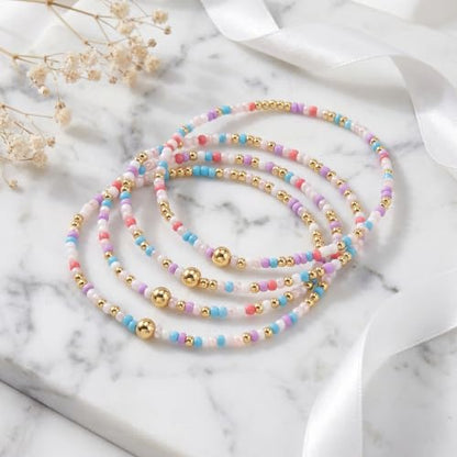 Seed Beaded Stack Bracelets Set for Women,Small Boho 4Pcs Colorful Handmade Dainty Trendy Gold Stretch Accessories Jewelry, Summer Daily Party Friendship Gift - color: Purple White