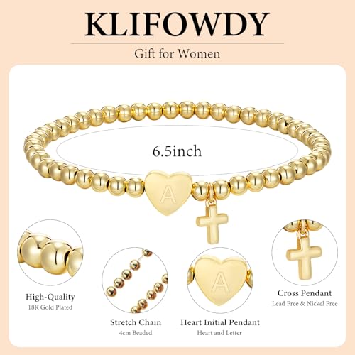 Initial Cross Gold Bracelets for Women Christian Beads Jewelry for Girls | 14K Gold Plated Letter Bracelet, Stretch Elastic Baptism Religion Christian Gifts for Women Teen - color: Gold-X