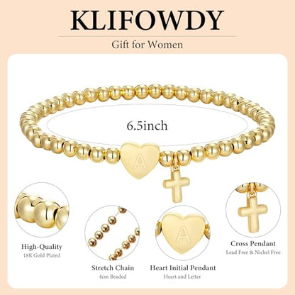 Initial Cross Gold Bracelets for Women Christian Beads Jewelry for Girls | 14K Gold Plated Letter Bracelet, Stretch Elastic Baptism Religion Christian Gifts for Women Teen - color: Gold-X