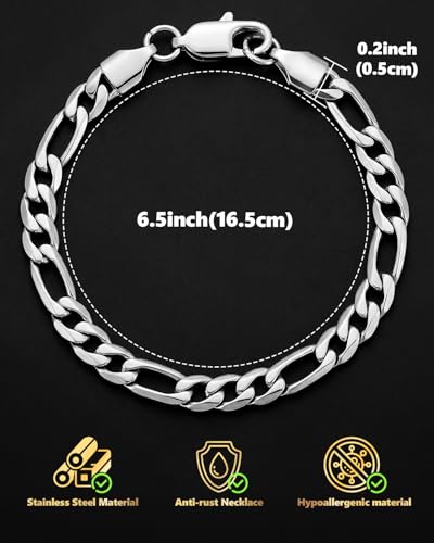 Stainless Steel Figaro Link Chain 6.5 Inches Silver Bracelet+20 Inches Necklace