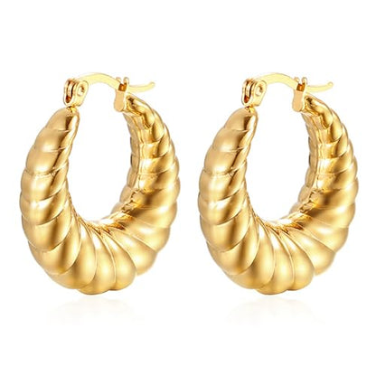 Croissant Earrings for Women Twisted Round Hoop Earrings Elegant Small Hoop Earrings 14K Gold Plated Croissant Stud Earrings Chunky Gold Earrings Jewelry Gifts