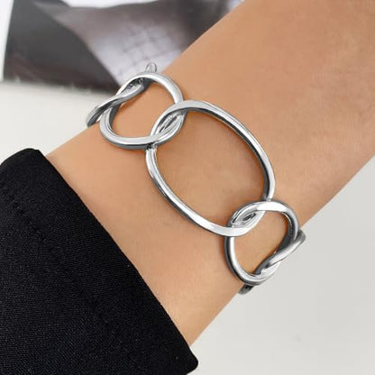 Dainty Gold Bangle Bracelets Open Chunky Cuff Bracelets Adjustable Trendy Minimalist Wide Bracelets Jewelry Women Gifts - color: Silver