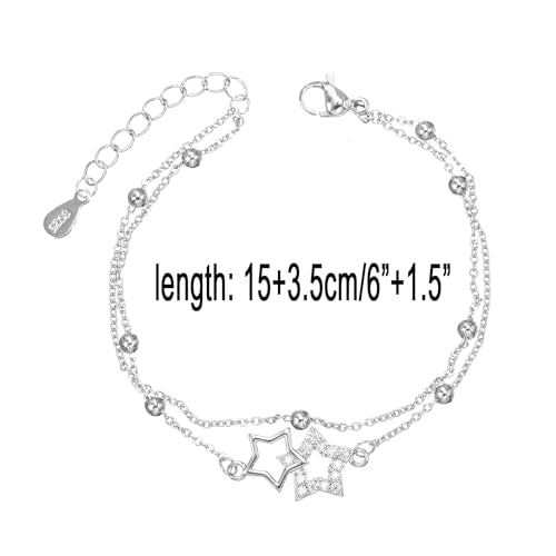 kelistom 925 Sterling Silver Bracelets for Women Teens, Love Heart Charm Chain Bracelet Bangle Fashion Jewelry Gifts - color: Double star-white
