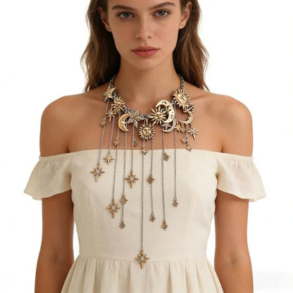 Vintage Exaggerated Alloy Zirconia Moon Star Multi-Pendant Tassel Necklace, Luxury High-End Style, Elegant Jewelry for Women