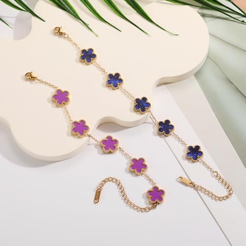 TICVSS Four Leaf Clover Bracelet for Women 18K Gold Plated Stainless Steel Lucky 4 Leaf Gold Link Bracelet Jewelry Gift for Women - color: Purple