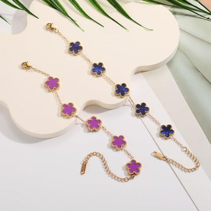 TICVSS Four Leaf Clover Bracelet for Women 18K Gold Plated Stainless Steel Lucky 4 Leaf Gold Link Bracelet Jewelry Gift for Women - color: Purple