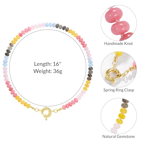 KissYan Beaded Gemstone Necklaces for Women | Colorful Bead Natural Stone Choker with 14K Gold Plated Spring Ring Clasp, Handmade Knot Jewelry for Summer Beach - color: R-Pink & Yellow