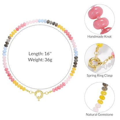 KissYan Beaded Gemstone Necklaces for Women | Colorful Bead Natural Stone Choker with 14K Gold Plated Spring Ring Clasp, Handmade Knot Jewelry for Summer Beach - color: R-Pink & Yellow