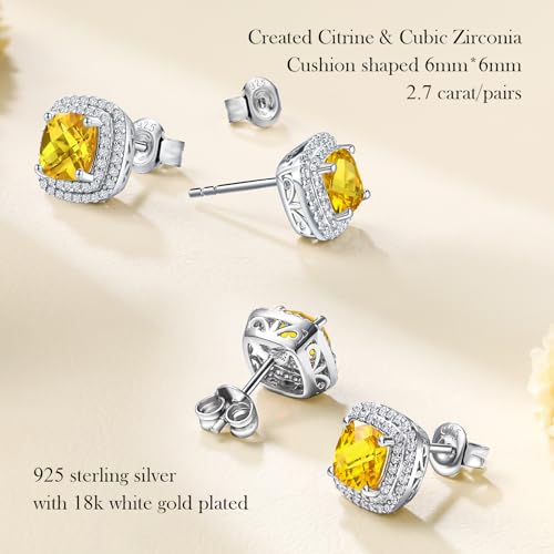 Dainty Birthstone Earrings for Women Sterling Silver Small Stud Earrings with Halo Cushion/Round Created Gemstone Earrings Birthstone Jewelry - style: A 11. Nov./created citrine-cushion cut