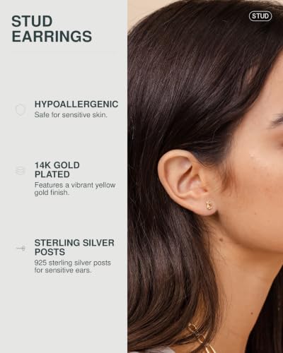 PAVOI 14K Gold Plated Dainty Stud Earrings for Women, Small Piercing Studs | Hypoallergenic Earrings with 925 Sterling Silver Posts - Bar, Dot, Heart, Triangle, Star & Cat Stud Earrings - style: Cat