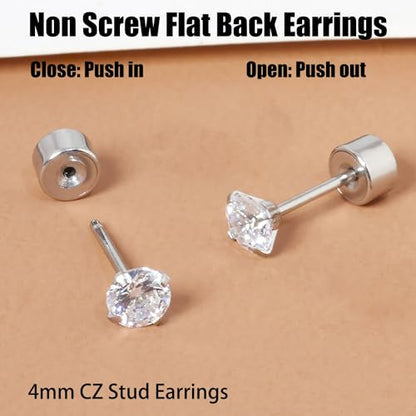Threadless Flat Back Earrings, Hypoallergenic 14K Real Gold Plated CZ Stud Earrings | Cartilage Earring | Tragus Helix Piercing Jewelry | Push in Flatback Earrings for Women Men - color: Silver, size: 4 Millimeters