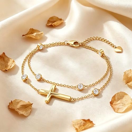 Midari 18K Yellow Gold Gemstone Birthstone Anklet Bracelet Cross Jewelry with 12 Months Birthstone Birthday Gifts for Women Wife Her Daughter Mom - color: 04-Apri-White CZ, size: Anklet 9"-11"