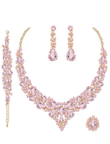 CSY Elegant Crystal Costume Jewelry Sets for Formal Events Gown Accessories | 4-Piece Set Bridal Necklace Earrings Bracelet Ring Set for Brides Eco-friendly Statement Jewelry for Wedding Party Prom - color: Pink Crystal
