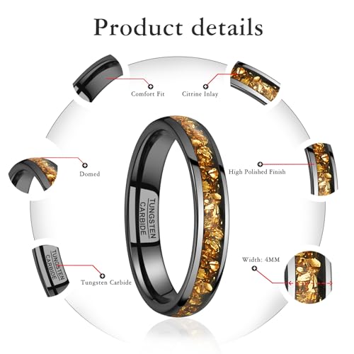 NUNCAD Black Tungsten Ring, Men's Wedding Rings with Blue/Amethyst/Galaxy Opal Ring 4mm 8mm Engagement Promise Ring Comfort Fit Size 5-12 - color: Citrine & 4mm