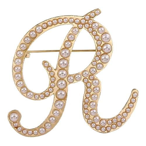 A-Z Initial 26 Letter Brooch Pins, Gold Faux Pearl Alphabet Badges Breastpin for Hat Bag Dress Coat Suit Accessory, Elegant Name Personalized Gifts for Women Men - color: R