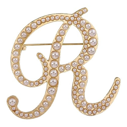 A-Z Initial 26 Letter Brooch Pins, Gold Faux Pearl Alphabet Badges Breastpin for Hat Bag Dress Coat Suit Accessory, Elegant Name Personalized Gifts for Women Men - color: R