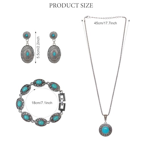 Fumwase 4 Pieces Bohemian Turquoise Jewelry Set Chain Waist Belt Turquoise Necklace Vintage Turquoise Dangle Earrings and Bracelet Western Jewelry for Women Vintage Retro Boho Jewelry Set (Fresh Style)