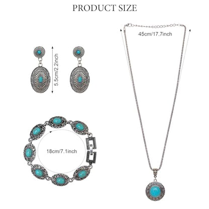 Fumwase 4 Pieces Bohemian Turquoise Jewelry Set Chain Waist Belt Turquoise Necklace Vintage Turquoise Dangle Earrings and Bracelet Western Jewelry for Women Vintage Retro Boho Jewelry Set (Fresh Style)