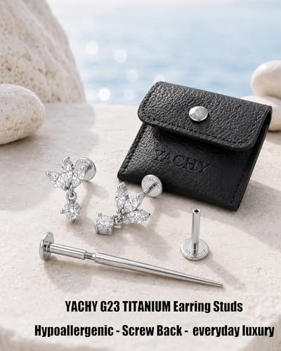YACHY ASTM F136 G23 Titanium Flat Back Stud Earrings, Internally Threaded Screw-On Hypoallergenic Body Piercing Jewelry for Everyday Wear, Tragus Helix Conch Monroe Medusa Lip, 18G 6mm 8mm - color: Crystal Blossom--2pcs+2bar--Silver, size: 6mm+8mm