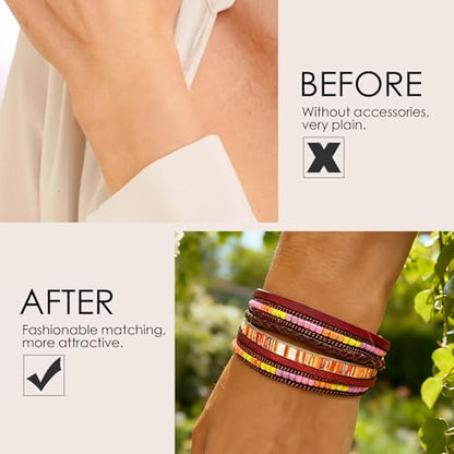 Leather Wrap Bracelets for Women, Boho Leopard Multi-Layer Crystal Beads Cuff Jewelry - color: J-Warp-032