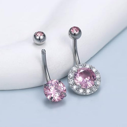Vsnnsns 14G Belly Button Ring Piercing Jewelry 316L Stainless Surgical Steel Heart CZ Pearl Butterfly Flower Navel Rings Dangle Belly Button Ring Navel Piercing Jewelry for Women Men Hypoallergenic - color: Silver-Pink CZ