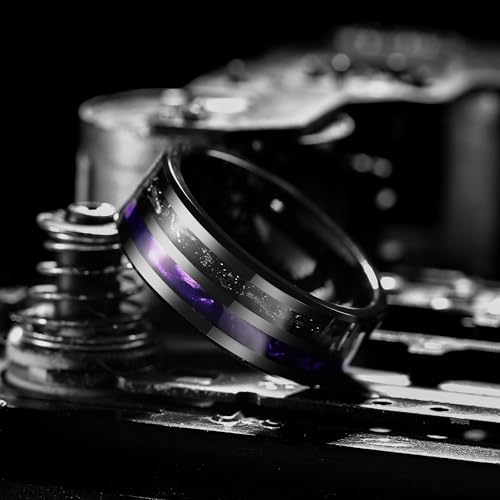 King Will Tungsten Rings for Men with Galaxy Shell Sand Meteorite Inlay | Black, 8mm, Brushed, Pipe Cut, Shell inlay, Everyday Wear - color: Black Purple