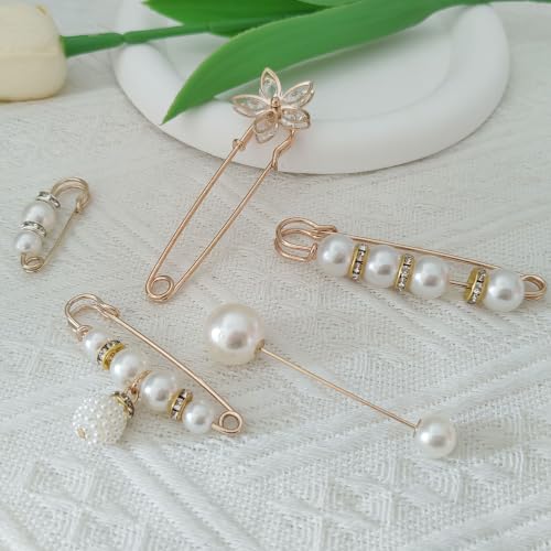 5 Pieces Pearl Brooch Safety brooches and Pins | fashion brooch pins for Clothes Safety Pin for Women Fashion Sweater Shawl Collar Dresses Cardigan