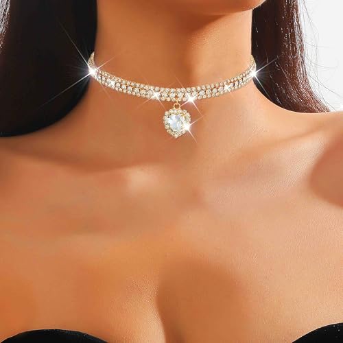 CLOACE Rhinestone Choker Necklace Heart Pendant Diamond Row Necklaces Sparkly Crystal Prom Chain Jewerly Accessories for Women - color: Gold