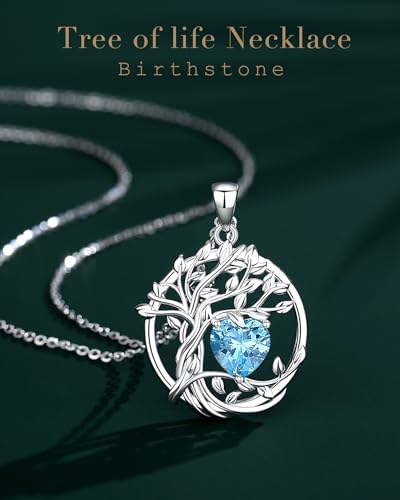 FANCIME Tree of life Birthstone necklace Sterling Silver Pendant Birthstone Necklace Gemstone Anniversary Birthday Jewelry Mothers Day Gifts for Mom Her Wife - color: Mar.-Aquamarine