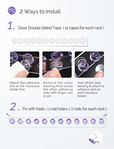 Necklace Holder Wall Mounted Necklace Hanger Hanging Necklace Organizer | Acrylic Jewelry Hanger with 12 Hooks, Jewelry Hooks for Necklaces/Bracelets, Jewelry Wall Organizer - color: Purple – 2Pack