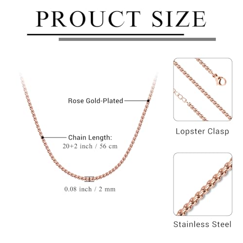 Eusense Stainless Steel Chain Necklace for Men Women Rolo/Wheat/Snake/Box Chain, 2-3MM, 20-24 Inches with Delicate Gift Box - color: Rose Gold-Plated, size: 20+2 Inches Length, style: Rolo Chain-2MM Width