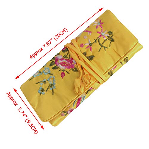 Travel Jewelry Roll Bag - Silk Embroidered Brocade Pouch for Rings, Necklaces, Earrings, Bracelets | Lightweight & Tie Closure (Gold Yellow) - color: Gold Yellow