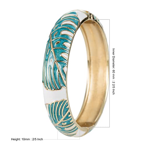 Hawaiian Monstera Luau Leaves Hinged Clasp Fashion Enamel Bangle Bracelet - color: Teal