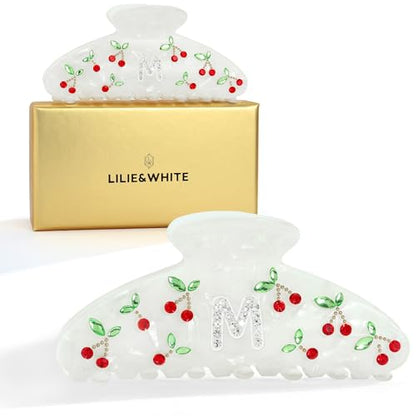 LILIE&WHITE Christmas Gift Acrylic Cherry Letter Hair Clips For Women | With RhinestonesInitial Hair Claws For Thick Hairs Trendy Monogram Large Clips Fashion Big Claw Clip Jewelry Gift Alphabet M - color: HC22959M