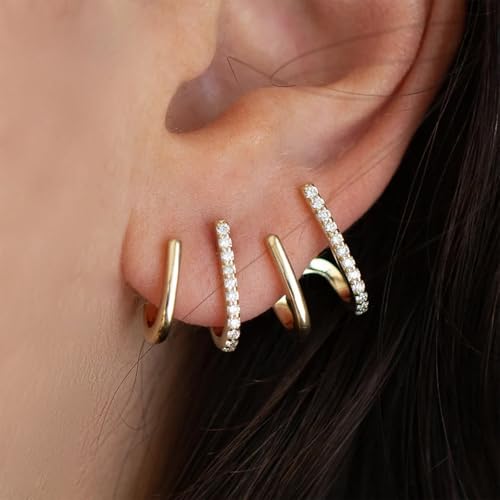 Gold Triple Hoop Illusion Stud Earrings, 14K Chunky Gold Plated Hoop Earrings Cuff Earrings for Women Trendy, Hypoallergenic Earrings Set Jewelry Gift - color: Triple hoop earrings-claw